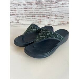 CROCS MONTEREY DIAMANTE WEDGE FLIPS FLOPS NAVY BLUE GREEN SIZE 7